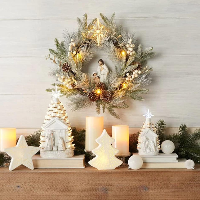 YULETIME 20" Pre-Lit Nativity Wreath, Battery Operated with 10 Fairy Lights, Holy Family Nativity Statue, Star of Bethlehem, Pine Cones, White Mistletoe, Frosted Spruce Branches (Nativity Frosted)