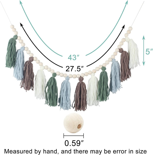 Tassel Garland with Wood Beads Boho Cotton Tassel Banner Wall Hangings Decor，Birthday Christmas Party Decor,Bedroom, Nursery, Play Room, Dorm Room, Baby Shower, Classroom School Party Room Decor