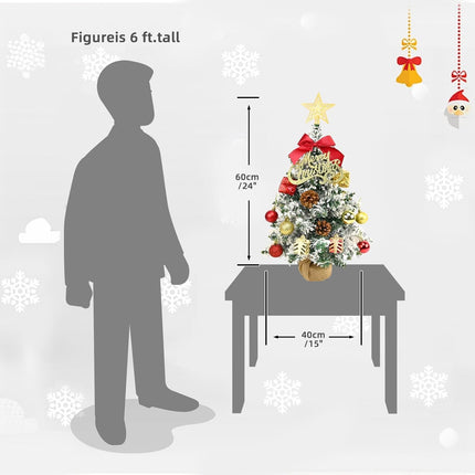 24 Inch Snowy Mini Christmas Tree with LED Lights, Small Xmas Tabletop Tree with Christmas Ornaments, Artificial Desktop Xmas Tree with Cloth Bag Base, Best DIY Christmas Holiday Party Decorations