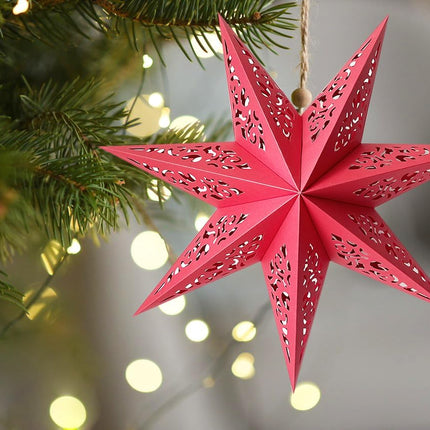 Hollow Out Paper Star Lantern Hanging Star Lampshade Decoration for Halloween Christmas Holiday Party Celebration (Red)
