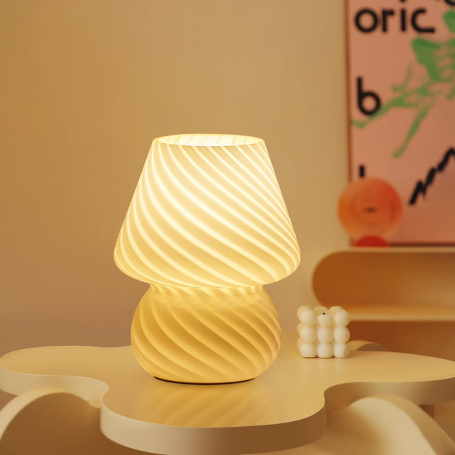 O ISH Mushroom Lamp-Small Bedside Table Lamp with Striped Glass, Nightstand Night Light for Bedroom Living Room, 3000K 6.5W Bulb Included, for Christmas Day, Creamy Yellow