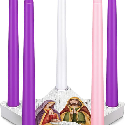 Sliner 11 Pcs Christmas Advent Candle Holder Nativity Scene Christmas Candle Holder Set 1 Star Shape Wooden Advent Wreath Candlestick Holders and 10 Candles Rustic Mantle Holiday Table Decoration