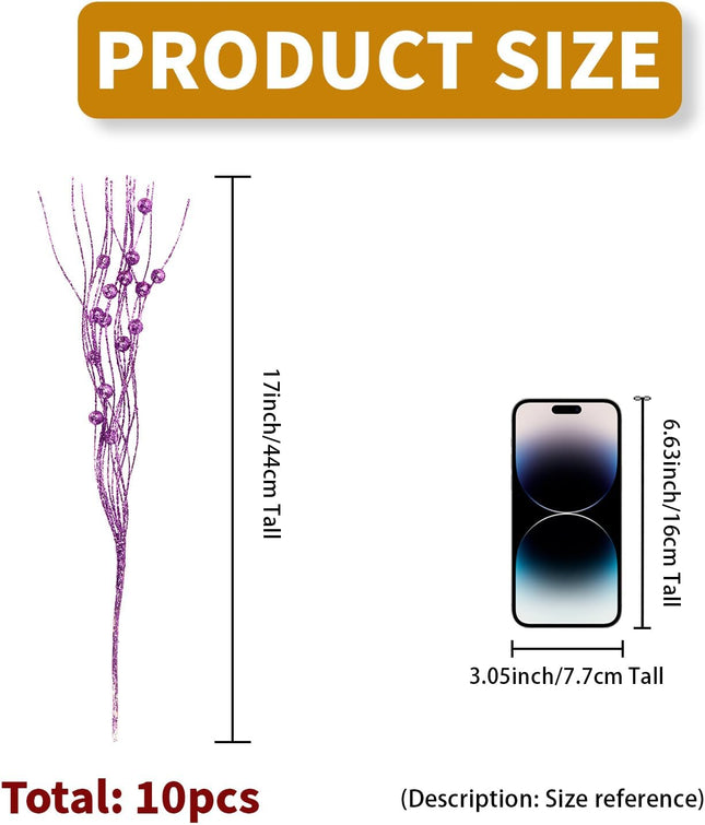 10 Pcs Artificial Glitter Berry Stems for Christmas Tree Picks Curly Sprays Faux Glitter Berry Branches Christmas Tree Twigs Filler Decorations Festival Wreath Supplies Table Centerpiece (Purple, 10)