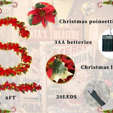 Christmas Poinsettia Garland,6 FT Lighted up Artificial Garlands with Red Flowers,6H/18H Timer Battery Operated Christmas Staircase Garland,Xmas Year Home Decor