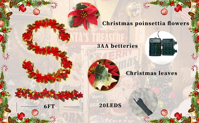 Christmas Poinsettia Garland,6 FT Lighted up Artificial Garlands with Red Flowers,6H/18H Timer Battery Operated Christmas Staircase Garland,Xmas Year Home Decor