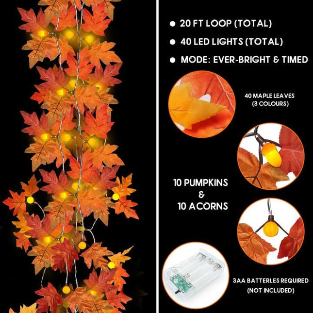 Fall Garland with Lights String Decorations: 2 Pack Maple Leaves String Light Outdoor Indoor Total 40 LED Battery Operated Orange Pumpkin Decoration for Thanksgiving Halloween Christmas Fall Decor