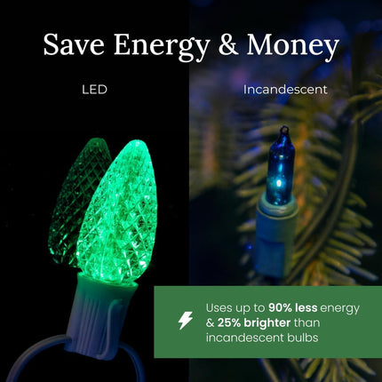 Pro Christmas C9 LED Christmas Lights Kit for Rooflines & Pathways – Cut to Length, Heavy Duty Commercial Grade (Green Wire w/Vampire Plugs, 25 Bulbs, 25 ft) Pure White & Red