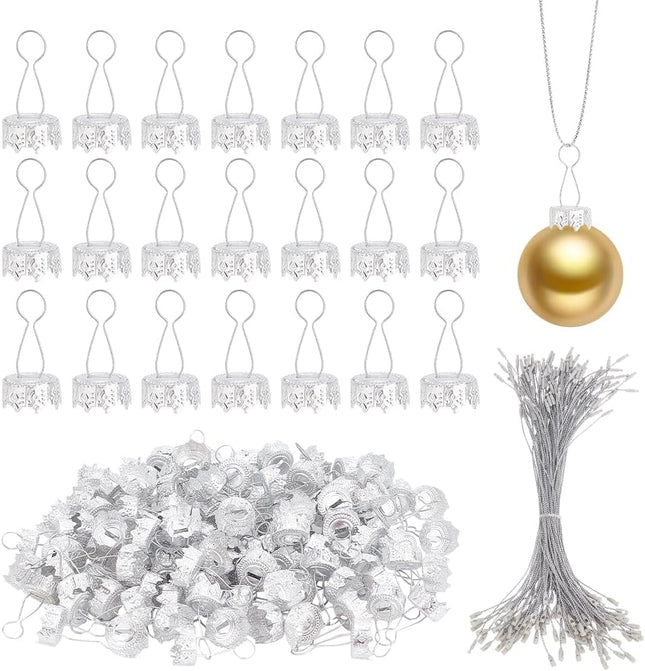 WEBEEDY 120pcs Ornament Topper Caps Round Christmas Ornament Caps Silver Ornament Hanger Replacement with Hanger Strings Set for Christmas Tree Decorations