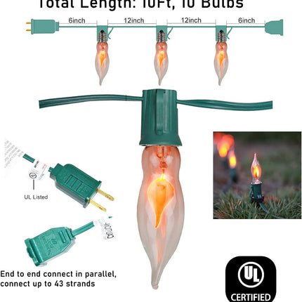 10FT Flickering Amber Flame C18 Religion Lights Christmas Lights Decor Party Room Garden Docor 1 Watt, 120 Volt, Green