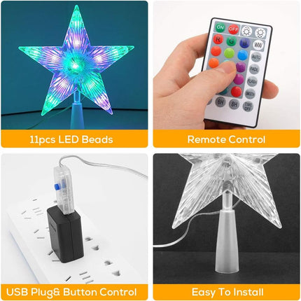 Christmas Tree Topper Star 7" LED Lighted Star Tree Top w/Remote Control, 5-Point Star RGB Night Light Treetop, Small Xmas Tree Decor for Christmas, USB Plug in/Wire 9.84Ft