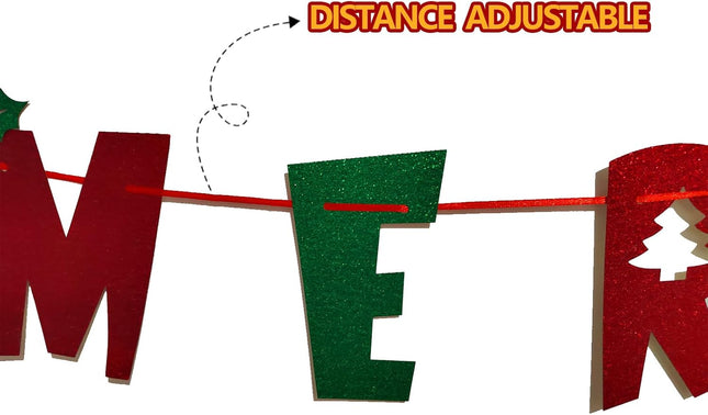 Comelodiant Merry Christmas Banner Glitter Christmas Banner Red &Green Christmas Bunting Banner Sign for Xmas Decorations Indoor Christmas Home Wall Fireplace Mantel Décor