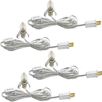 4 Pack Accessory Cord with LED Night Light Bulbs - White Cord with On/Off Switch Plugs - C7 led Bulb Warm White with Spare Fuse, for Holiday Decoration and Craft Village House Decoration