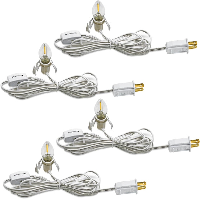 4 Pack Accessory Cord with LED Night Light Bulbs - White Cord with On/Off Switch Plugs - C7 led Bulb Warm White with Spare Fuse, for Holiday Decoration and Craft Village House Decoration