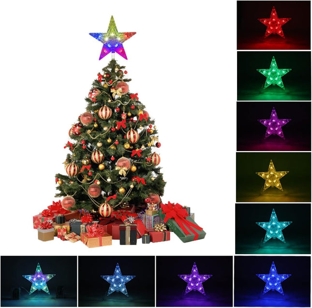 Christmas Star Trees Topper Light 9.5inch 24 Modes Color Changing with Versatile Remote Controller 3AA Battery Powered Christmas Tree Topper Party Home Decoration（Indoor and Outdoor ）