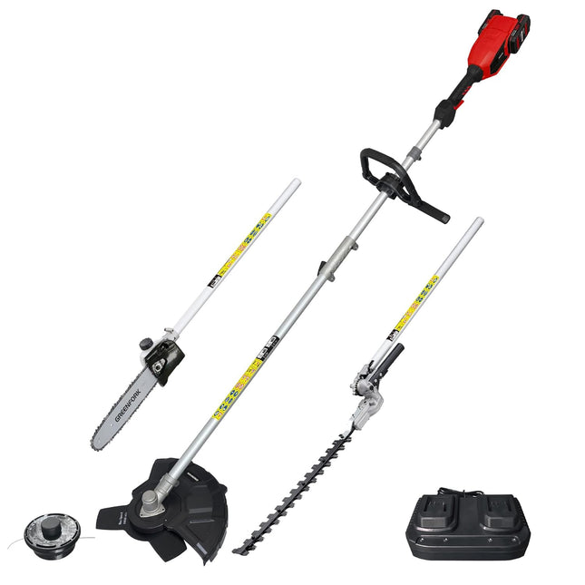 GREENFORK 40V 4-in-1 13.4" Cordless String Trimmer & 3T Brush Cutter with Pole Saw and Hedge Trimmer, 2 x 2AH Battery and Charger Included(2 x 20V)