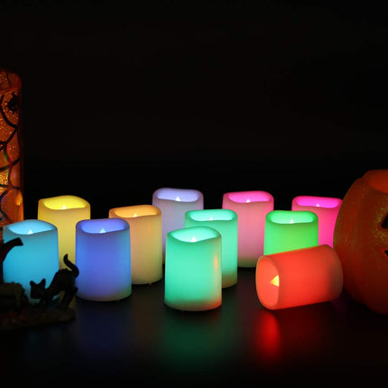 DRomance Color Changing Flameless Votive Candles with Remote and Timer, Battery Operated White LED Flickering Votive Pillar Candles 12 Pack Halloween Christmas Decor Candles(1.5 x 2 Inches)