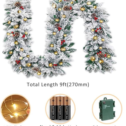 Christmas Garland with Lights,Prelit Xmas Garlands with Timer, 9ft Lighted Xmas Garland Snow for Mantle Staircase Front Door Stairs Railing Window Fireplace Winter Outdoor Home Decorations