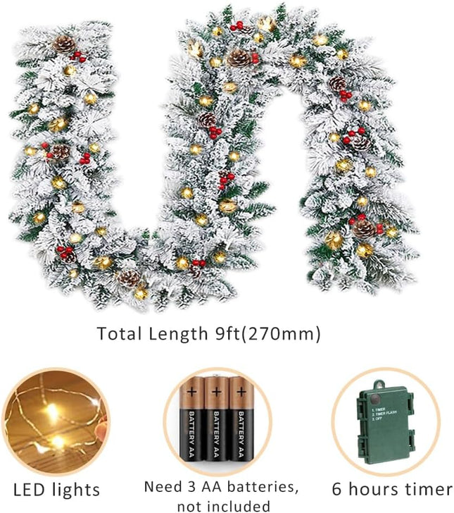 Christmas Garland with Lights,Prelit Xmas Garlands with Timer, 9ft Lighted Xmas Garland Snow for Mantle Staircase Front Door Stairs Railing Window Fireplace Winter Outdoor Home Decorations