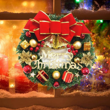 Christmas Wreath Reef for Front Door Window 13 Inch Pine Artificial Garland with Bowknot, Bells, Deer, Red Berries, Cabinet Wreath for Christmas Party Decor, Front Door Window Wall Wreath