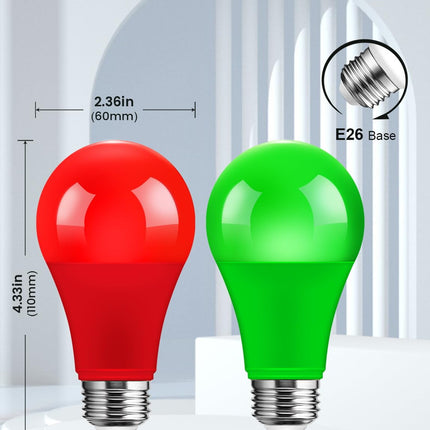 Red and Green Light Bulbs 9W (60W Equivalent), E26 Base, 4-Pack (2 Red and 2 Green) for Halloween, Christmas, Party, Home Lighting, Porch Decoration, Energy Efficient, Indoor/Outdoor Use