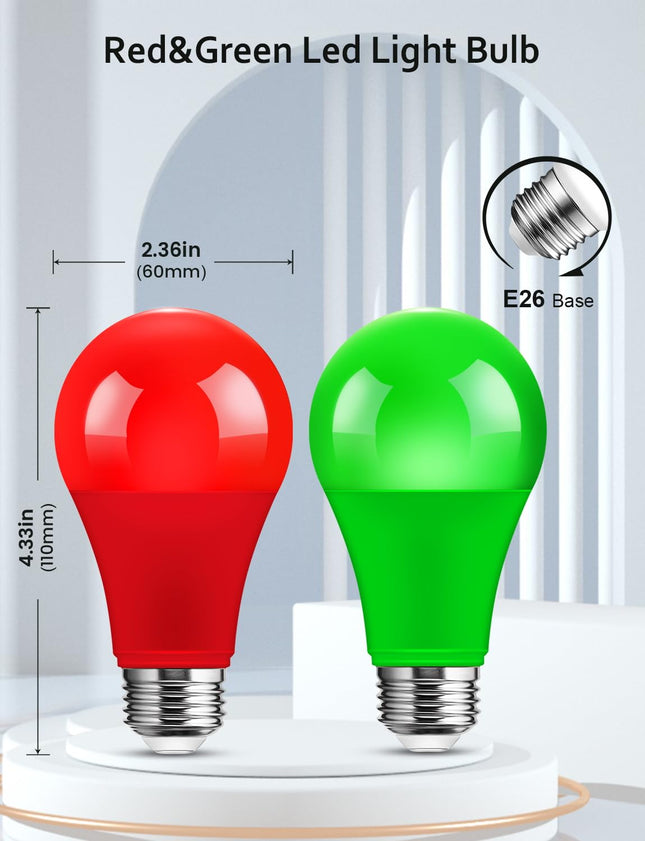Red and Green Light Bulbs 9W (60W Equivalent), E26 Base, 4-Pack (2 Red and 2 Green) for Halloween, Christmas, Party, Home Lighting, Porch Decoration, Energy Efficient, Indoor/Outdoor Use