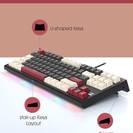 Compact 80% Mechanical Gaming Keyboard, Wired tkl Keyboard with Yellow Switches, Ergonomic Design Retro Style Gaming Keyboard with Rainbow Led Backlit for Windows PC Mac, Black White