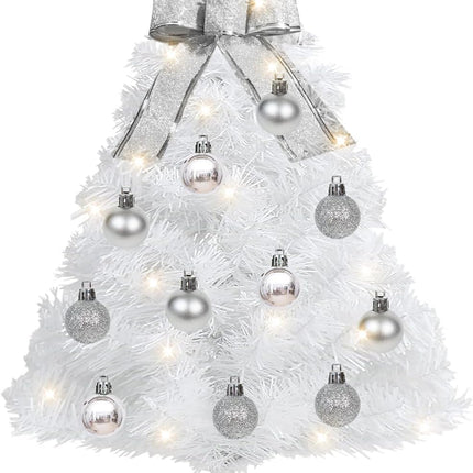 24'' White Mini Christmas Tree, Small Tabletop Artificial Xmas Tree with Lights, Balls Ornaments, Treetoper, Battery Operated, Indoor Christmas Decorations, DIY Xmas Decor