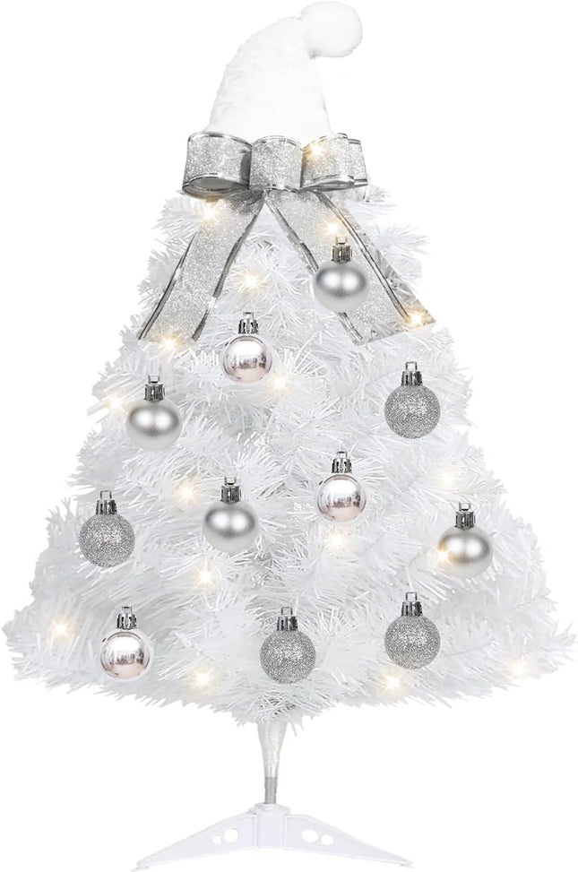 24'' White Mini Christmas Tree, Small Tabletop Artificial Xmas Tree with Lights, Balls Ornaments, Treetoper, Battery Operated, Indoor Christmas Decorations, DIY Xmas Decor