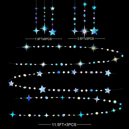 Iridescent Party Decorations Star Circle Dot Paper Garland Banner Bunting Streamer Metallic Hanging Twinkle Star Decoration for Kids Birthday Baby Shower Wedding Festival Engagement Bling Bling Decor