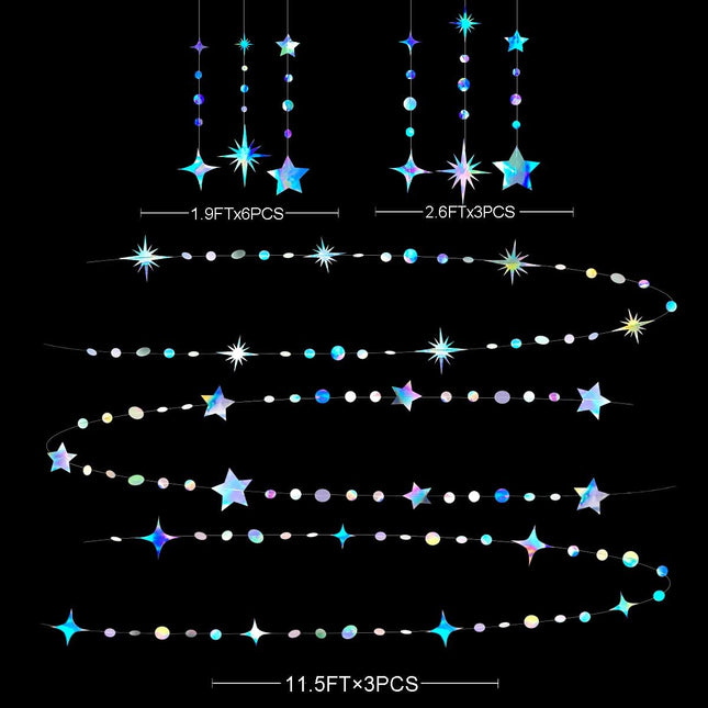 Iridescent Party Decorations Star Circle Dot Paper Garland Banner Bunting Streamer Metallic Hanging Twinkle Star Decoration for Kids Birthday Baby Shower Wedding Festival Engagement Bling Bling Decor