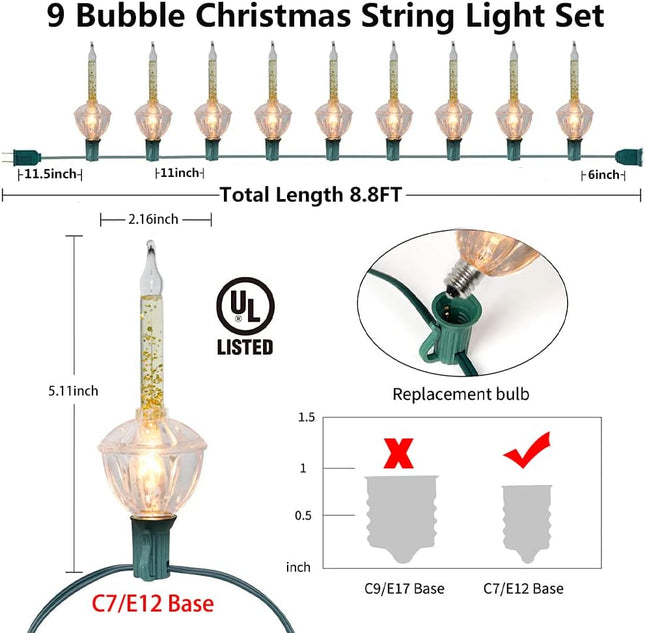Christmas Gold Bubble Lights, 8.8Ft Vintage Bubble String Light 10 Gold Glitter Clear Bubble Lights(1 Spare), C7/E12 Base, Outdoor Bubble Lights for Holiday Party Christmas Tree Decorations