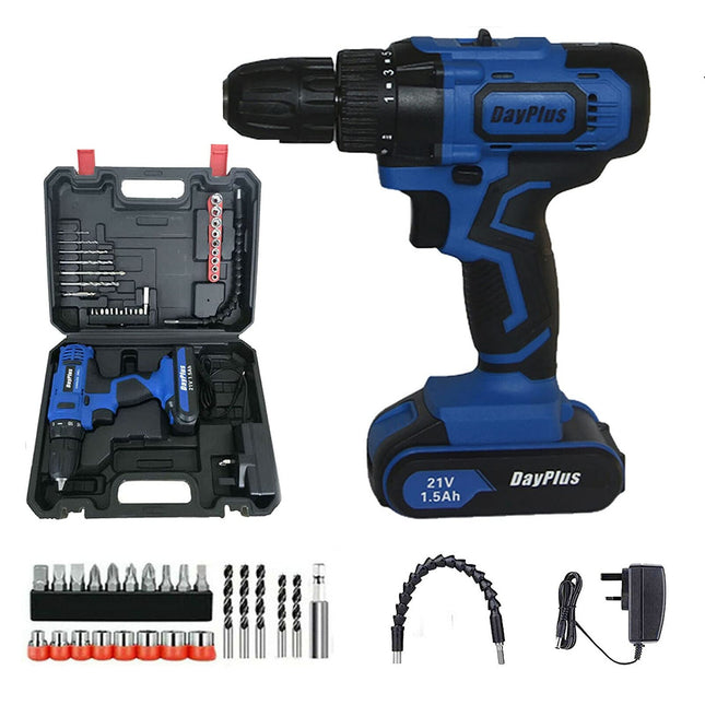 DayPlus 21V Cordless Drill with 1ÃƒÆ’Ã¢â‚¬â€1.5Ah Battery, Heavy Duty Electric Drill and Screwdriver Set, Impact Driver 45Nm, 2900RPM Max Speed, 2 Speed, Forward and Reverse Setting, LED Worklight