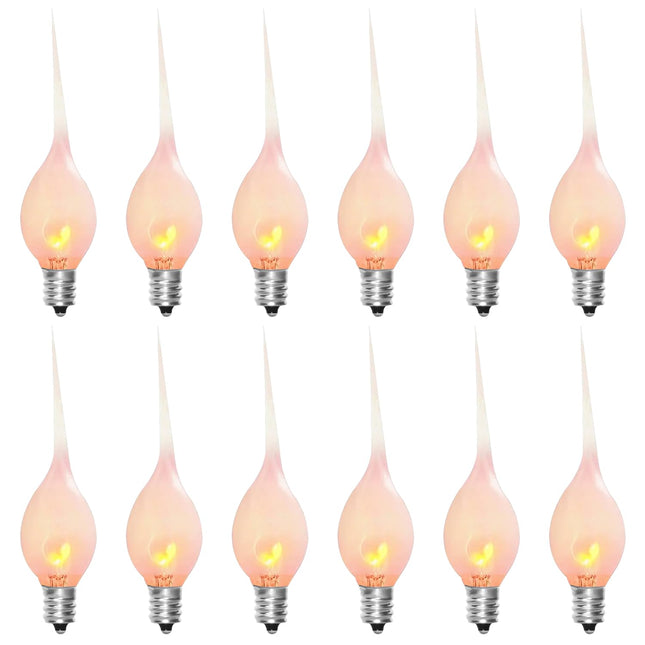 12 Pack Christmas Flicker Flame Silicone Candle Lights Bulbs, C7 Clear Silicone Flickering Decorative Light Replacement Bulbs for Electric Candle Lamps, Chandelier, E12 Candelabra Base, 1Watt
