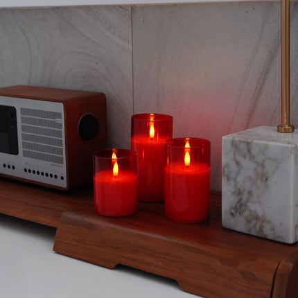 Amagic Red Glass Flameless Candles Battery Operated with Timer, Remote Control, LED Pillar Candles Battery Powered, Wax, D3 H4 5" 6", Set of 3