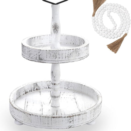 Luxspire Tiered Tray Stand, 2 Tiered Tray Decor with Wooden Beads Garland, Farmhouse Decorative Tray, 2 Tier Serving Tray for Coffee Bar Kitchen Island, Christmas Decor, Rustic White