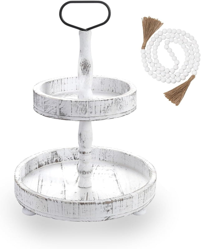 Luxspire Tiered Tray Stand, 2 Tiered Tray Decor with Wooden Beads Garland, Farmhouse Decorative Tray, 2 Tier Serving Tray for Coffee Bar Kitchen Island, Christmas Decor, Rustic White