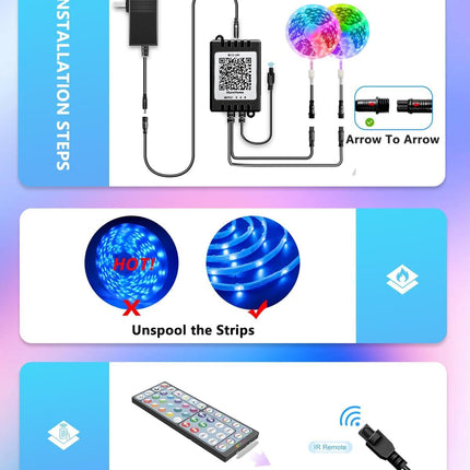 Fussion Outdoor LED Strip Lights Waterproof 200FT (2 Rolls of 100FT) with Remote, RGB LED Light Strips Music Sync Color Changing Christmas House Rope Lighting for Outside