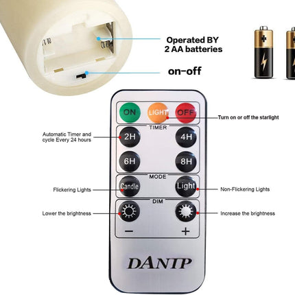 DANIP White LED flameless Candle with Embedded Star Light String, Three Piece LED Candle, with 11 Key Remote Control, 24-Hour Timer Function, Dancing Flame, (Ivory White)