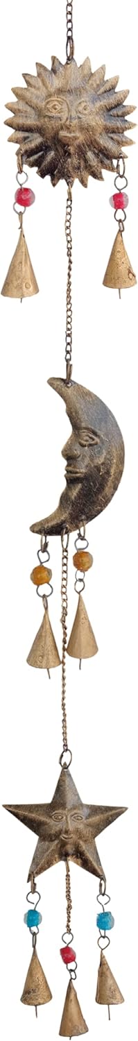Mie Creations Sun Moon Star Face Wall Hanging Décor Chime Bells Metal Cutouts Ornaments, Crescent Moon Phases Garland Art Celestial, Earthy Decorations Wicca Pagan Christmas Décor -Antique Gold