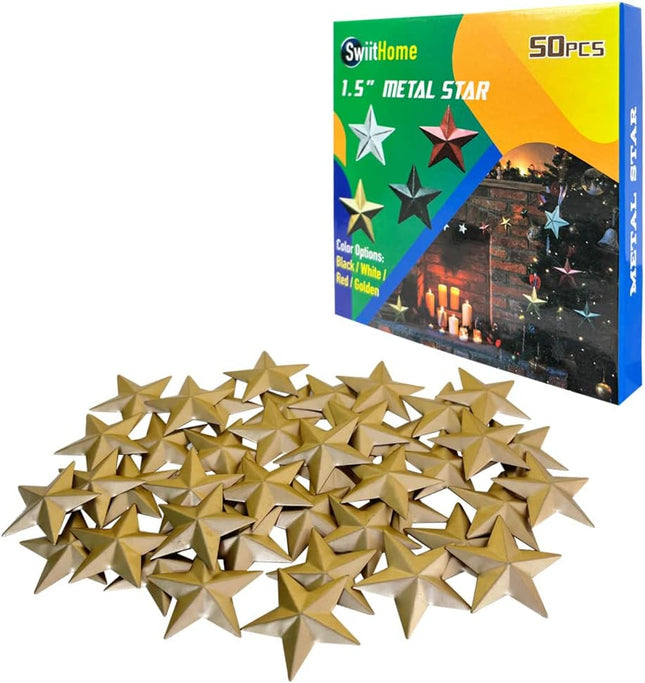 50 Pieces 1.5 Inch Metal Star, Barn Star for Home Decoration, Hanging Wall Decor for House, Iron Vintage Wall Arts and Crafts, Christmas Indoor Outdoor Decorations (Golden)