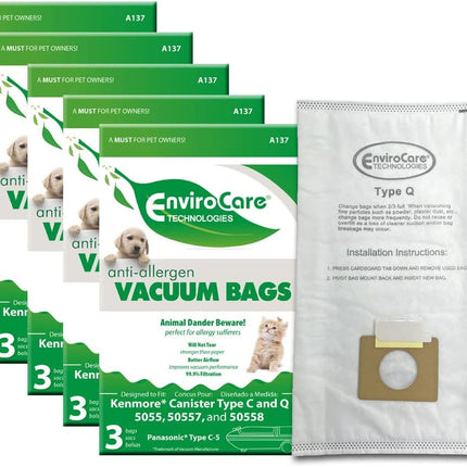 Envirocare Allergen Vacuum Bags Designed To Fit Kenmore Canister Type C Or Q 50555, 50558, 50557 And Panasonic Type C5 15 Pack