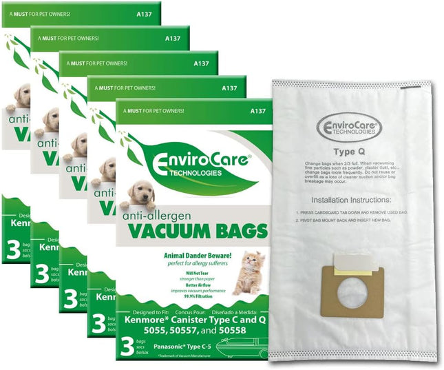 Envirocare Allergen Vacuum Bags Designed To Fit Kenmore Canister Type C Or Q 50555, 50558, 50557 And Panasonic Type C5 15 Pack