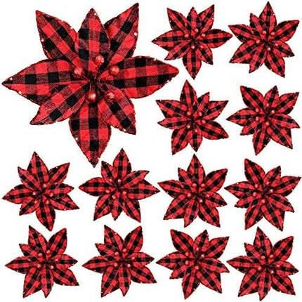 Syhood 12 Pieces Buffalo Plaid Poinsettias Christmas Tree Ornaments Artificial Christmas Flowers with Glitter Powder for Christmas Tree Wreaths Garland Holiday Decorations 6.7 Inch (Red and Black)