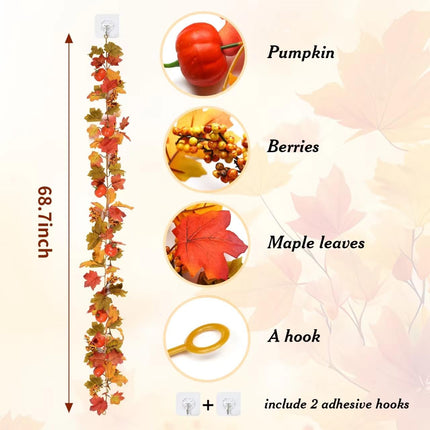 Fall Decor-6Ft Fall Garland Maple Leaf Garland Pumpkin Berry Fall Leaf Garland Decoration for Thanksgiving Halloween and Christmas, Indoor & Outdoor Mantle, Table, Fireplace
