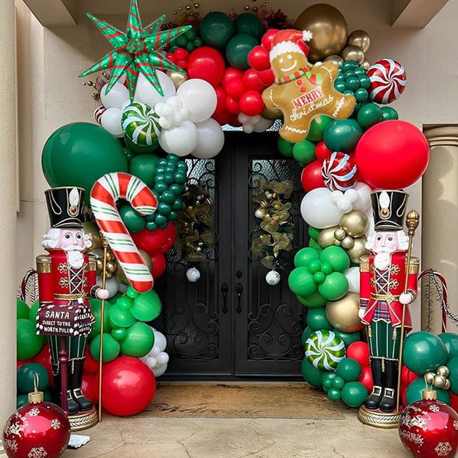 Christmas Balloon Garland Arch Kit Red Green Candy Cane Balloon Gingerbread Man Balloon Exploding Star Balloon for Christmas Party Decorations