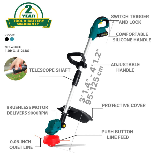 Brushless Cordless String Trimmer, T TOVIA 21V Battery Powered Weed Wacker, 10 Inch Electric Lawn Edger with Adjustable Head, Handle and Telescoping Shaft, Grass Trimmer for Garden Yard, Tool Only