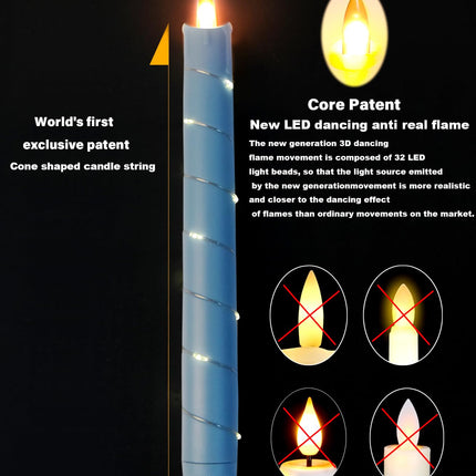 Flameless Cone-Shaped Candle, Patented Starlight String, 11 Key Remote Control, Timer, Battery Powered, Patented Dance Flickering Flames, 6 Packs, Christmas Home Decoration (Sky Blue)