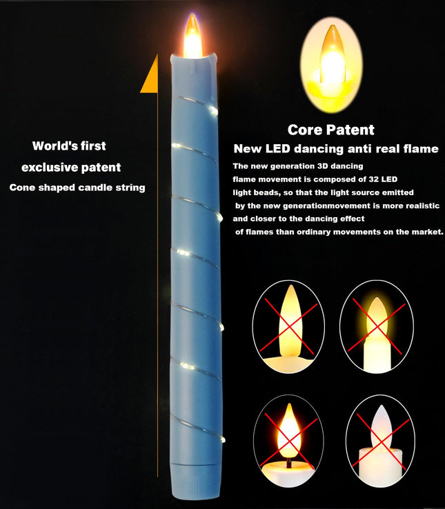 Flameless Cone-Shaped Candle, Patented Starlight String, 11 Key Remote Control, Timer, Battery Powered, Patented Dance Flickering Flames, 6 Packs, Christmas Home Decoration (Sky Blue)