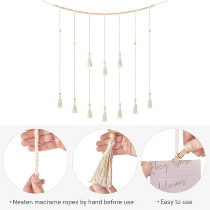 Mkono Macrame Hanging Photo Display Wall Decor with String Lights Boho Room Bedroom Wooden Beads Garland Picture Holder with 30 Clips