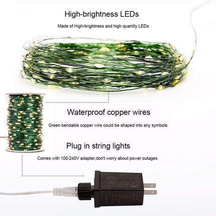 Green Wire Fairy Lights Plug in 100FT High Bright 300 LED Waterproof LED String Lights with Remote Warm White for Christmas Tree, Patio, Garden, Backyard